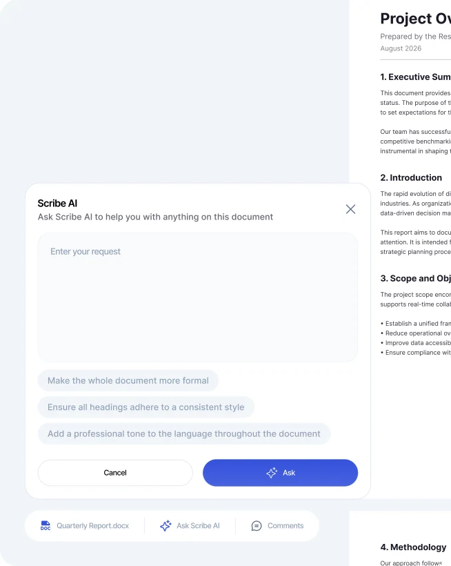 The Ask Scribe AI panel, with suggested requests about the open document.