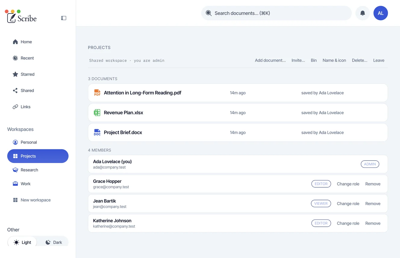 A project workspace in Scribe: the brief, the plan and the reading, shared with the people working on it.