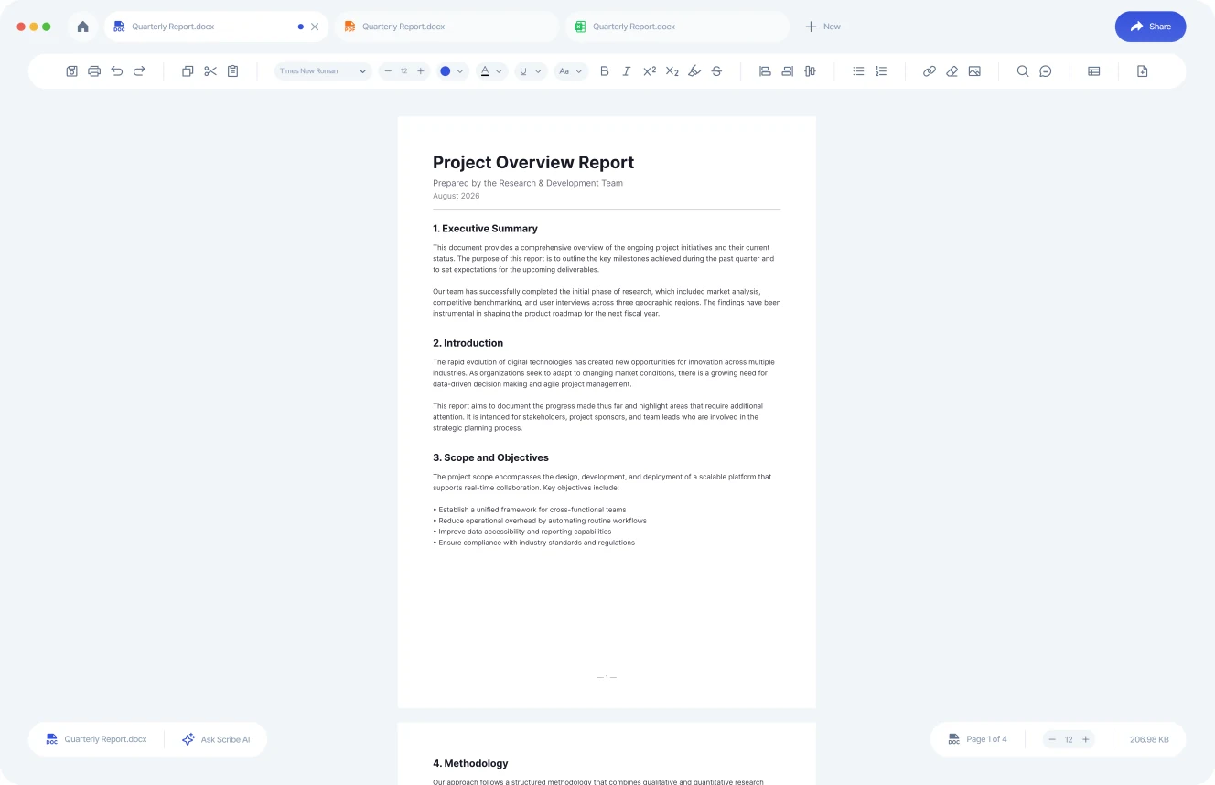 The Scribe editor with three documents open in tabs and a report on the page.